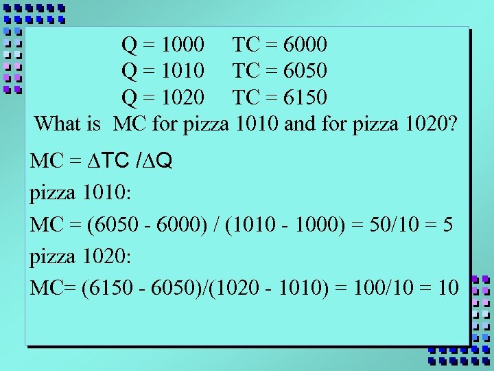 Q = 1000 TC = 6000 Q = 1010 TC = 6050 Q =