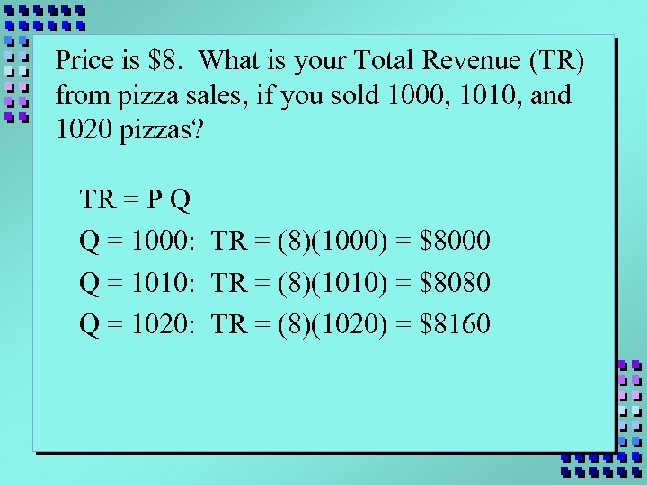 Price is $8. What is your Total Revenue (TR) from pizza sales, if you