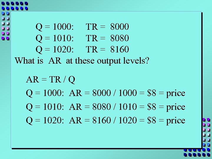 Q = 1000: TR = 8000 Q = 1010: TR = 8080 Q =