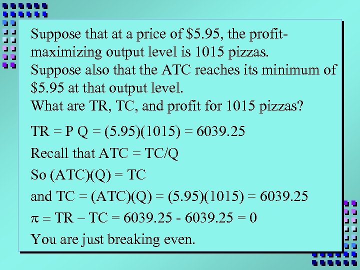 Suppose that at a price of $5. 95, the profitmaximizing output level is 1015