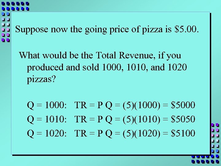 Suppose now the going price of pizza is $5. 00. What would be the