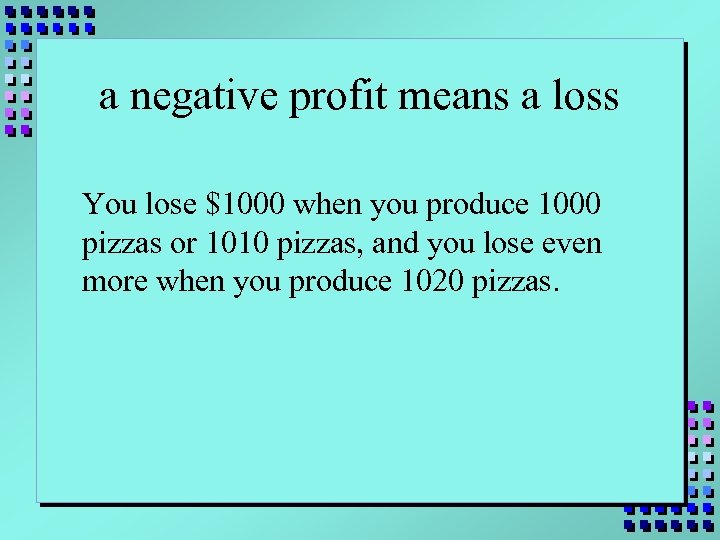 a negative profit means a loss You lose $1000 when you produce 1000 pizzas
