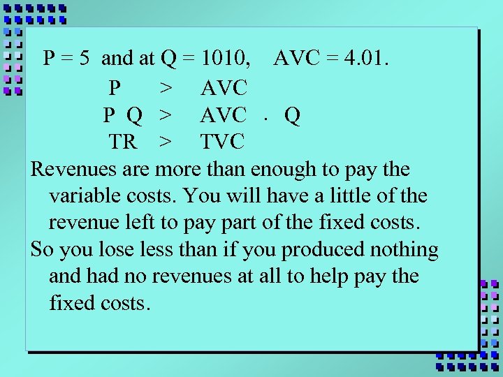 P = 5 and at Q = 1010, AVC = 4. 01. P >