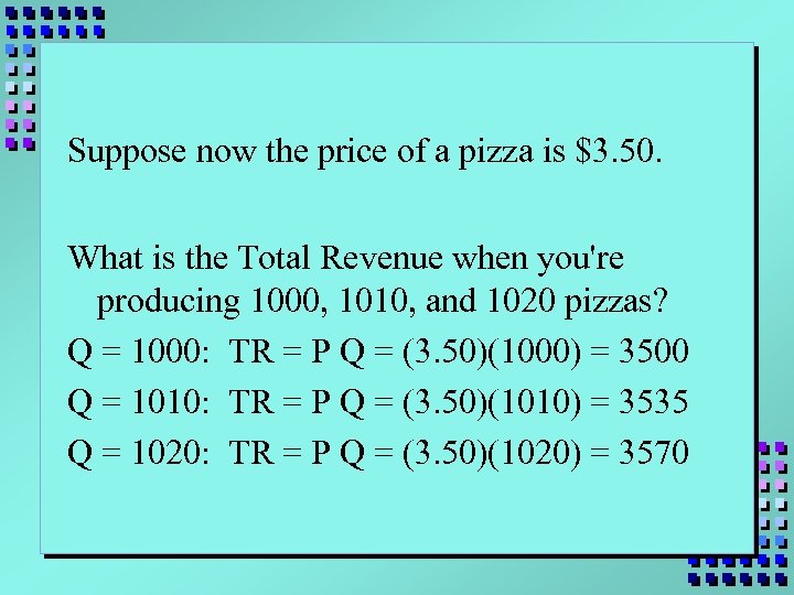 Suppose now the price of a pizza is $3. 50. What is the Total