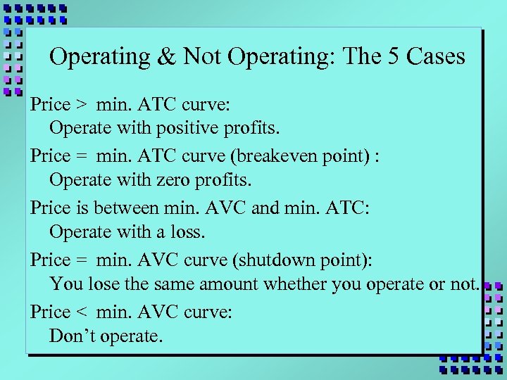 Operating & Not Operating: The 5 Cases Price > min. ATC curve: Operate with