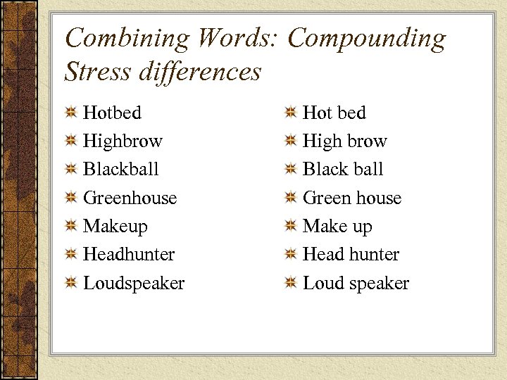 Combining Words: Compounding Stress differences Hotbed Highbrow Blackball Greenhouse Makeup Headhunter Loudspeaker Hot bed