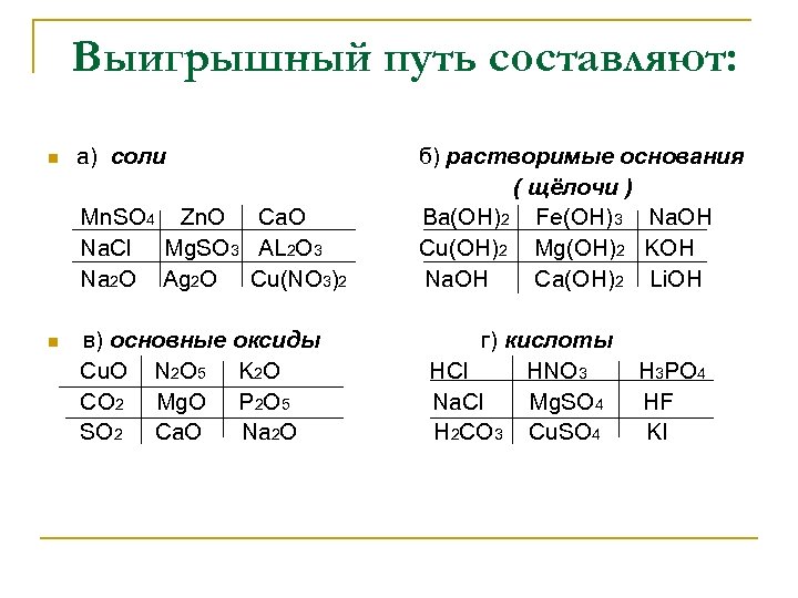 Выигрышный путь составляют: а) соли б) растворимые основания ( щёлочи ) Mn. SO 4