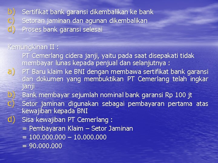 b) c) d) Sertifikat bank garansi dikembalikan ke bank Setoran jaminan dan agunan dikembalikan