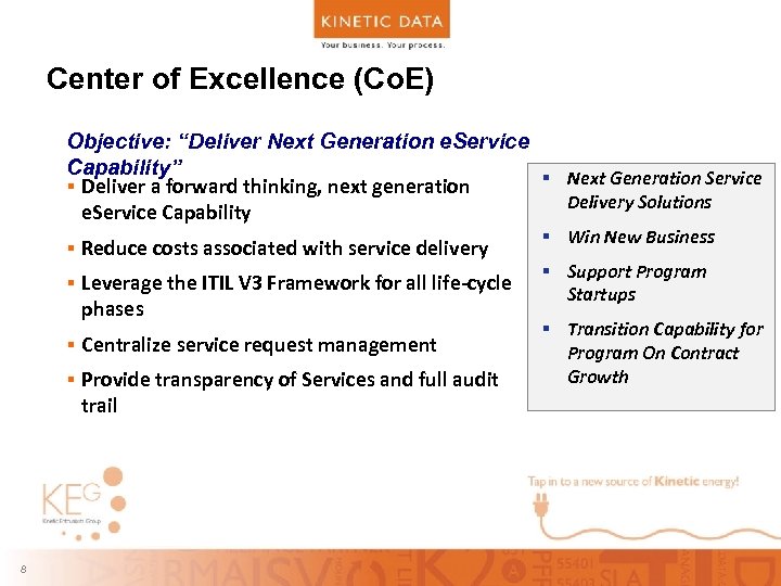 Center of Excellence (Co. E) Objective: “Deliver Next Generation e. Service Capability” § Next