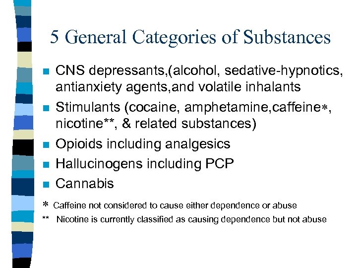 5 General Categories of Substances n n n CNS depressants, (alcohol, sedative-hypnotics, antianxiety agents,