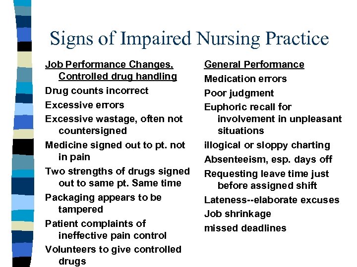 Signs of Impaired Nursing Practice Job Performance Changes, Controlled drug handling Drug counts incorrect