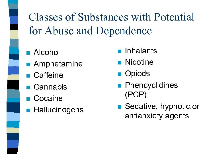 Classes of Substances with Potential for Abuse and Dependence n n n Alcohol Amphetamine