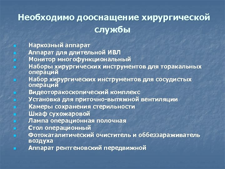 Необходимо дооснащение хирургической службы n n n n Наркозный аппарат Аппарат для длительной ИВЛ