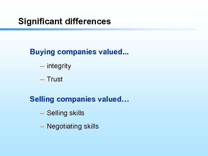 Significant differences Buying companies valued. . . – integrity – Trust Selling companies valued…