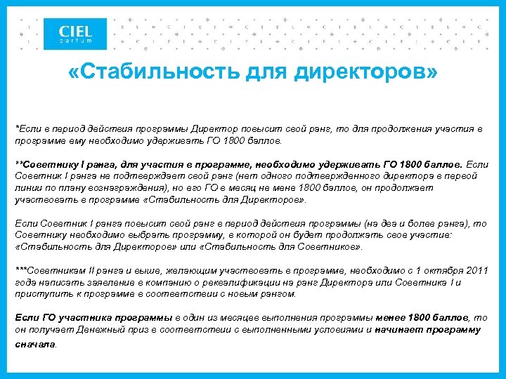  «Стабильность для директоров» *Если в период действия программы Директор повысит свой ранг, то