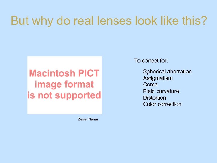 But why do real lenses look like this? To correct for: Spherical aberration Astigmatism