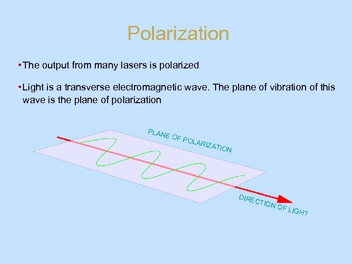 Polarization • The output from many lasers is polarized • Light is a transverse