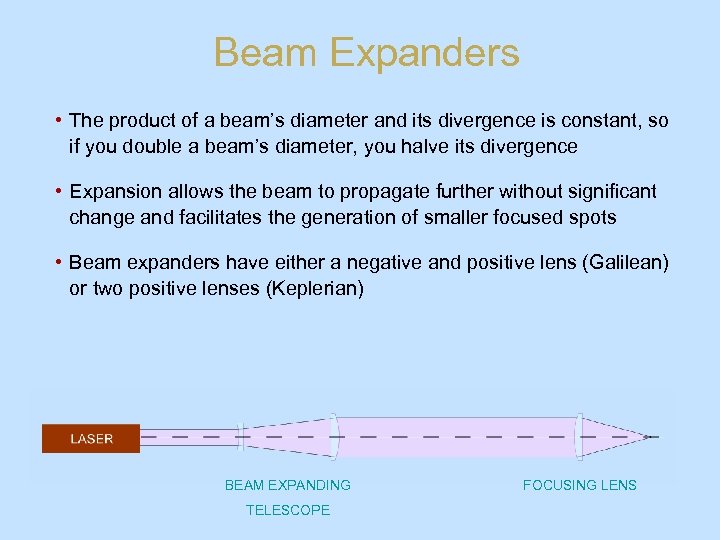 Beam Expanders • The product of a beam’s diameter and its divergence is constant,