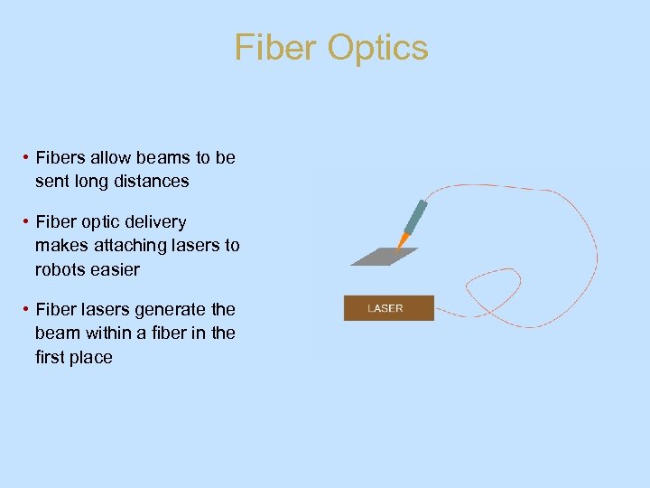 Fiber Optics • Fibers allow beams to be sent long distances • Fiber optic