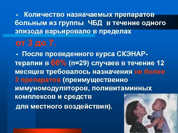 - Количество назначаемых препаратов больным из группы ЧБД в течение одного эпизода варьировало в