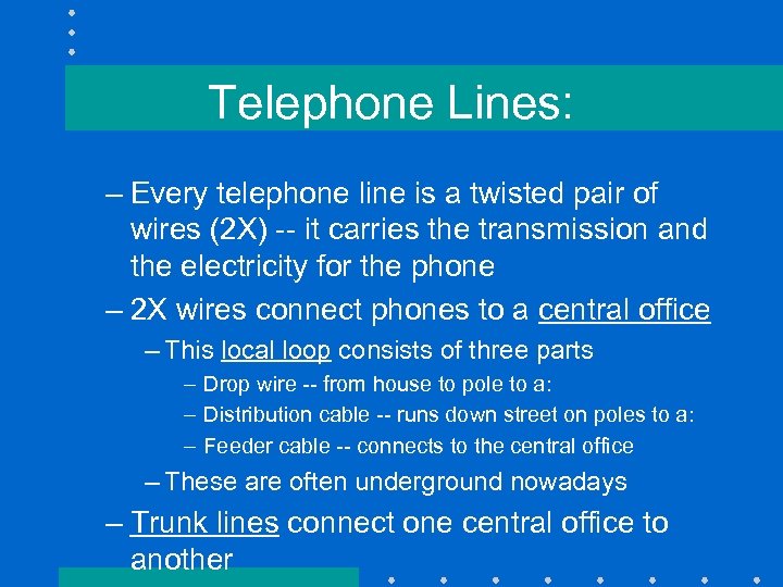 Telephone Lines: – Every telephone line is a twisted pair of wires (2 X)