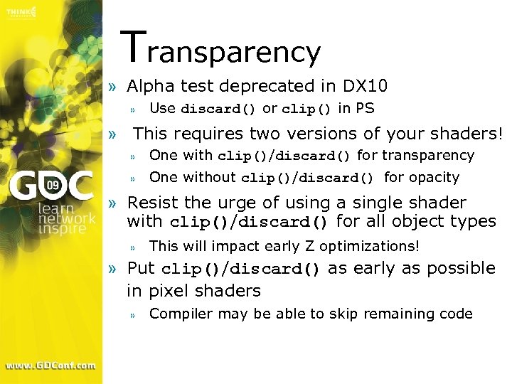 Transparency » Alpha test deprecated in DX 10 » Use discard() or clip() in