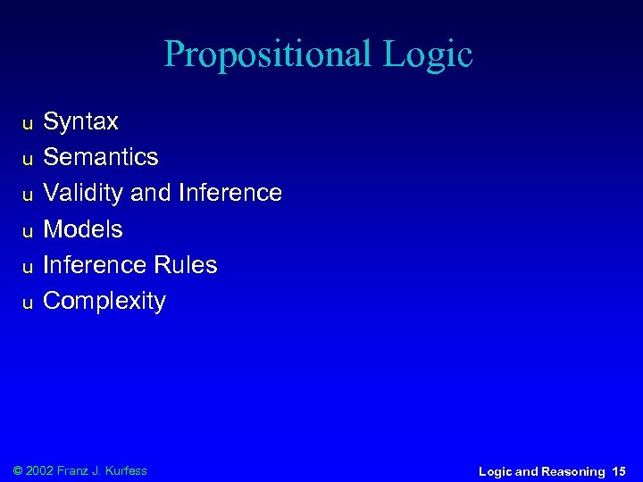 Propositional Logic u u u Syntax Semantics Validity and Inference Models Inference Rules Complexity