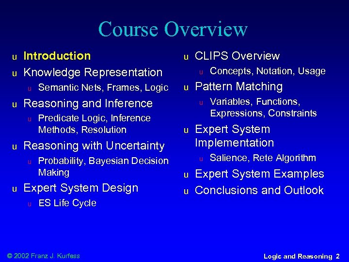 Course Overview u u Introduction Knowledge Representation u u Probability, Bayesian Decision Making Expert