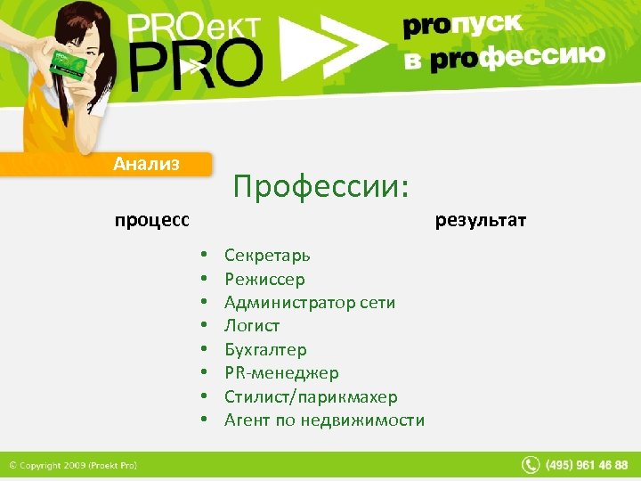 Анализ Профессии: процесс • • Секретарь Режиссер Администратор сети Логист Бухгалтер PR-менеджер Стилист/парикмахер Агент