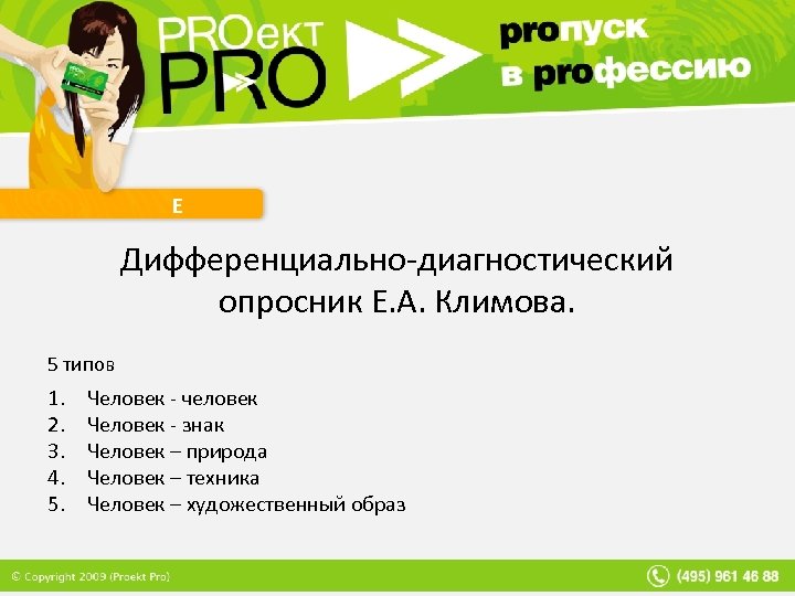 Е Дифференциально-диагностический опросник Е. А. Климова. 5 типов 1. 2. 3. 4. 5. Человек