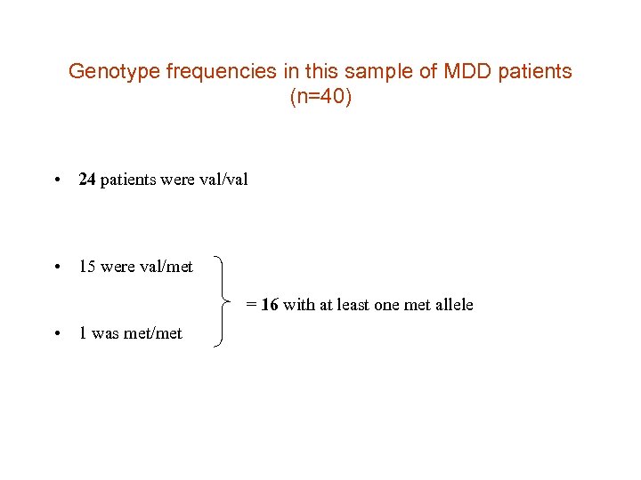 Genotype frequencies in this sample of MDD patients (n=40) • 24 patients were val/val