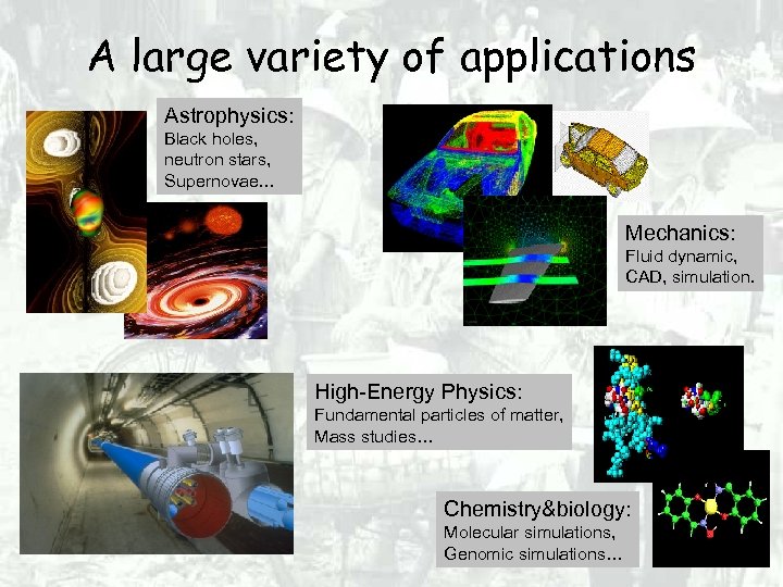A large variety of applications Astrophysics: Black holes, neutron stars, Supernovae… Mechanics: Fluid dynamic,