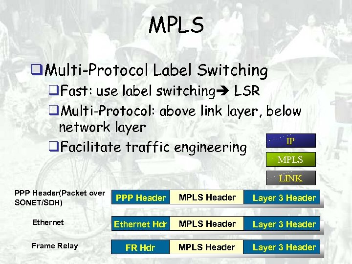 MPLS Multi-Protocol Label Switching Fast: use label switching LSR Multi-Protocol: above link layer, below