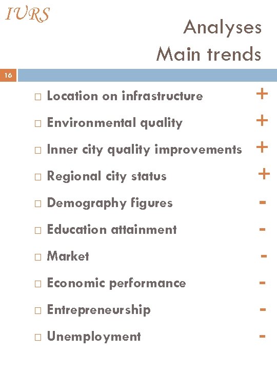 IURS Analyses Main trends 16 Location on infrastructure Environmental quality Inner city quality improvements