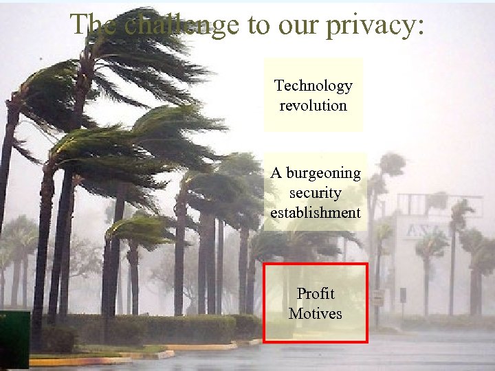 The challenge to our privacy: Technology revolution A burgeoning security establishment Profit Motives 