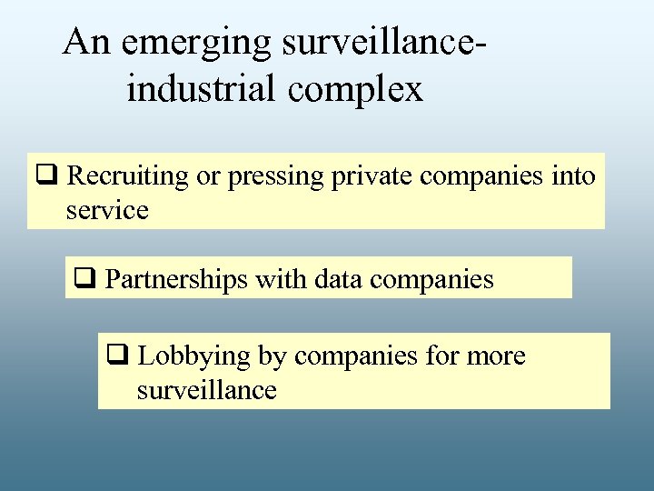 An emerging surveillanceindustrial complex q Recruiting or pressing private companies into service q Partnerships