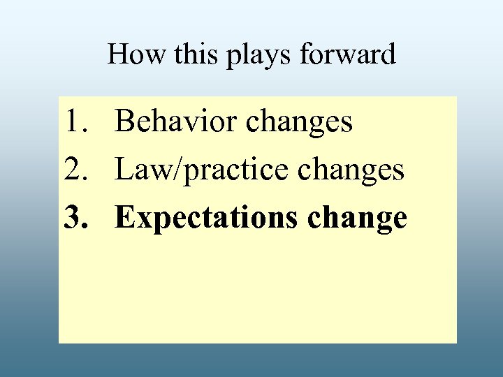 How this plays forward 1. Behavior changes 2. Law/practice changes 3. Expectations change 
