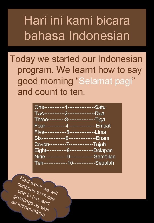 Hari ini kami bicara bahasa Indonesian Today we started our Indonesian program. We learnt