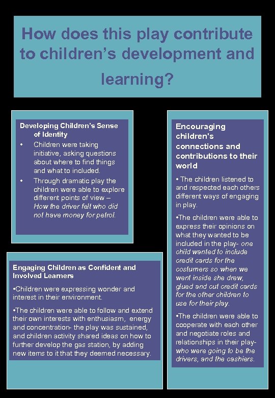 How does this play contribute to children’s development and learning? Developing Children’s Sense of