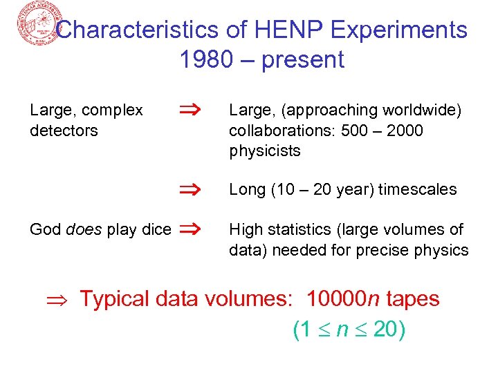 Characteristics of HENP Experiments 1980 – present God does play dice Large, (approaching worldwide)