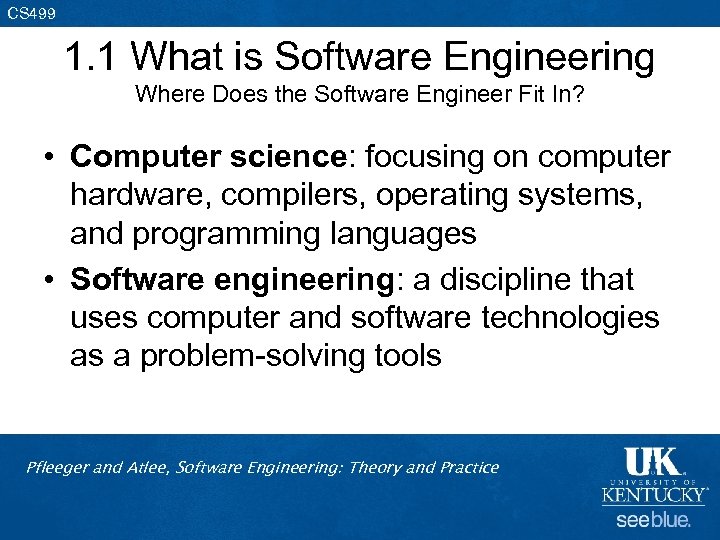 CS 499 1. 1 What is Software Engineering Where Does the Software Engineer Fit