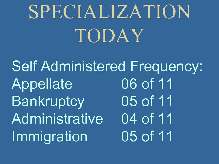 SPECIALIZATION TODAY Self Administered Frequency: Appellate 06 of 11 Bankruptcy 05 of 11 Administrative