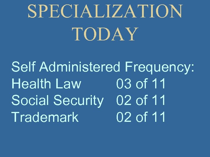 SPECIALIZATION TODAY Self Administered Frequency: Health Law 03 of 11 Social Security 02 of