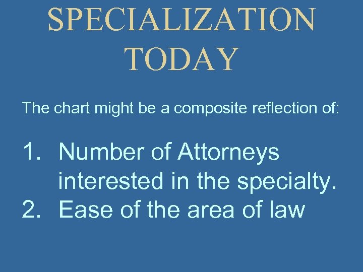 SPECIALIZATION TODAY The chart might be a composite reflection of: 1. Number of Attorneys