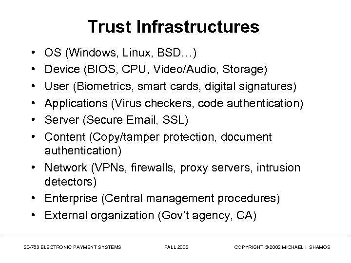 Trust Infrastructures • • • OS (Windows, Linux, BSD…) Device (BIOS, CPU, Video/Audio, Storage)