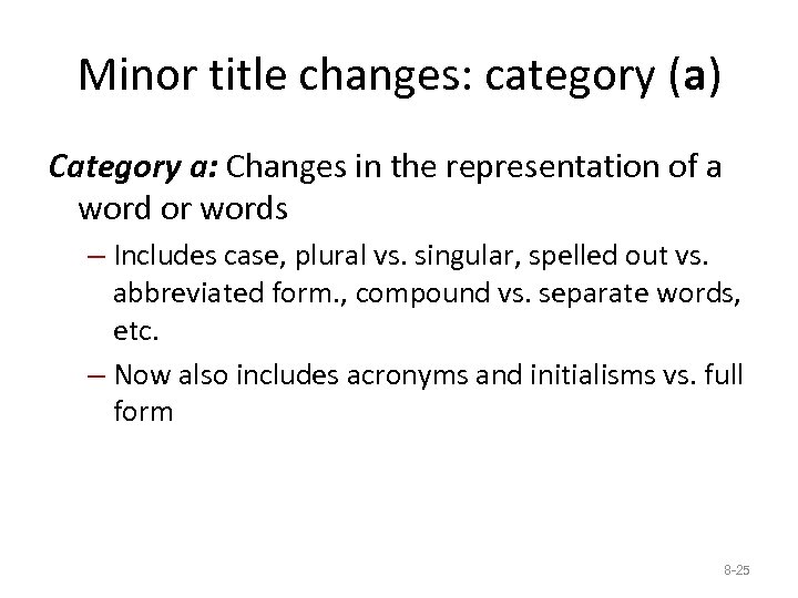 Minor title changes: category (a) Category a: Changes in the representation of a word