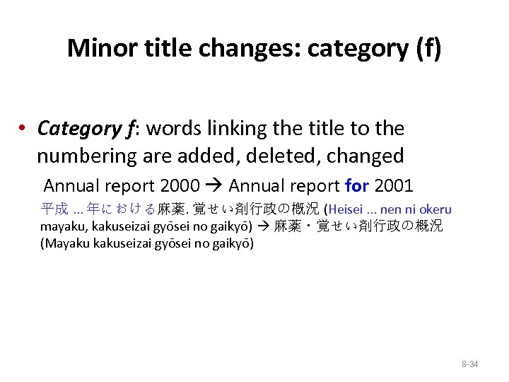 Minor title changes: category (f) • Category f: words linking the title to the