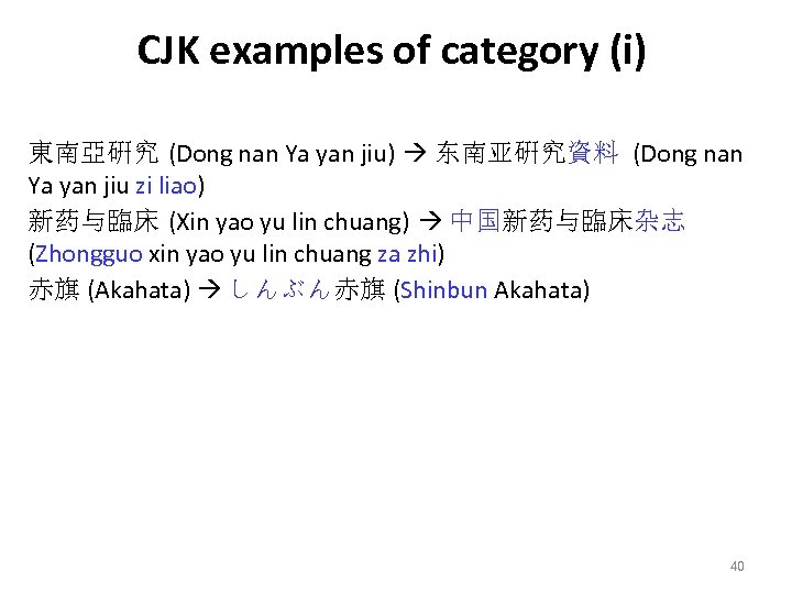 CJK examples of category (i) 東南亞硏究 (Dong nan Ya yan jiu) 东南亚硏究資料 (Dong nan