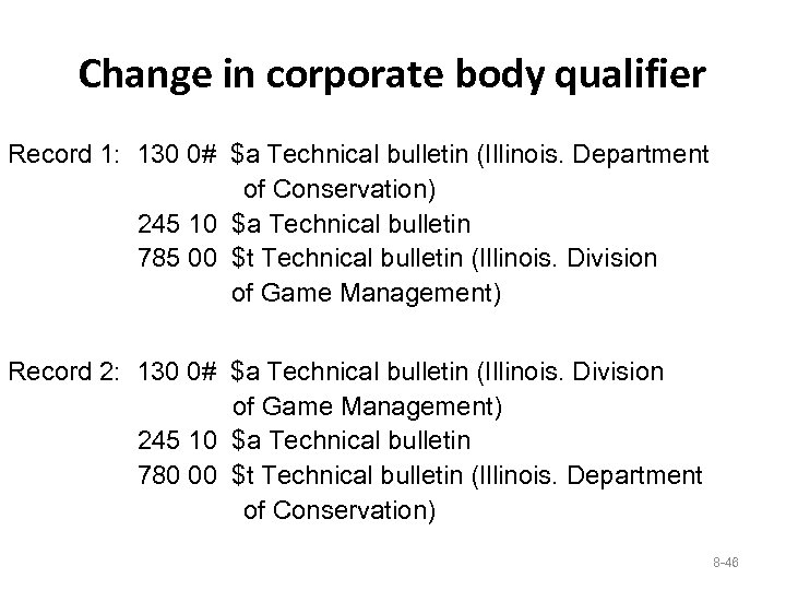 Change in corporate body qualifier Record 1: 130 0# $a Technical bulletin (Illinois. Department