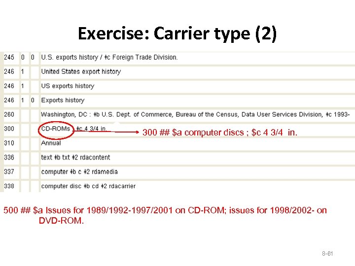 Exercise: Carrier type (2) 300 ## $a computer discs ; $c 4 3/4 in.